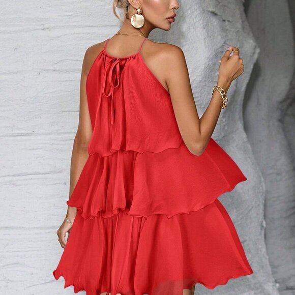 Red Casual Women's ruffled teired haltered mini Dress - Picture 2 of 6